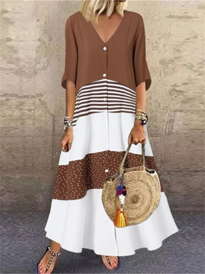 New Summer V-neck Short-sleeved Printed Long Dress Casual Skirt-JRSEE