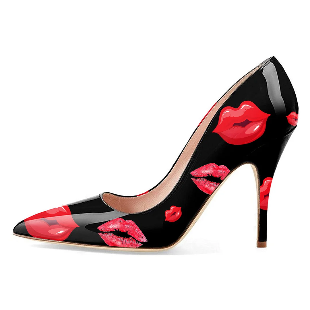 Vegan Leather Red Lips Printed Pointed Toe Ladies Party Heels in Black