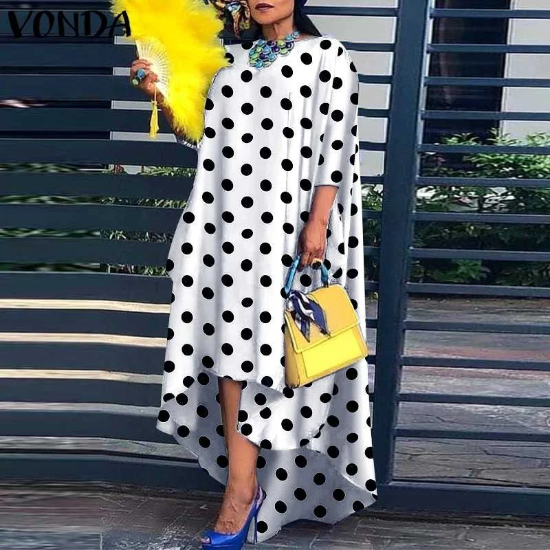 Women Vintage Polka Dot Midi Dress 2022 VONDA Sexy 3/4 Sleeve Party Dresses Behemian Asymmetric Hem Party Vestido Oversized Robe