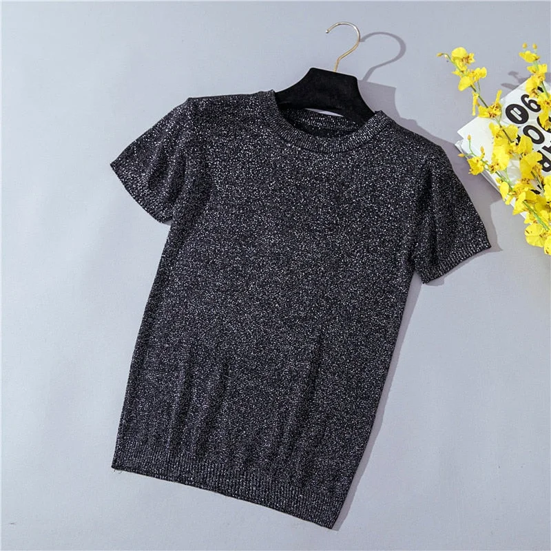 Hirsionsan Summer T Shirt Women Silver Shiny Lurex Casual Solid T-Shirt 2019 Korean Tops Tee Shirt Femme Slim Harajuku Tshirt