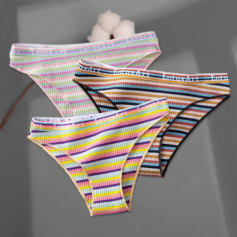 FINETOO 3Pcs/set Colorful Stripes Panties Women's Cotton Briefs M-XL Low-Rise Rainbow Underwear Ladies Underpants Girls Panties