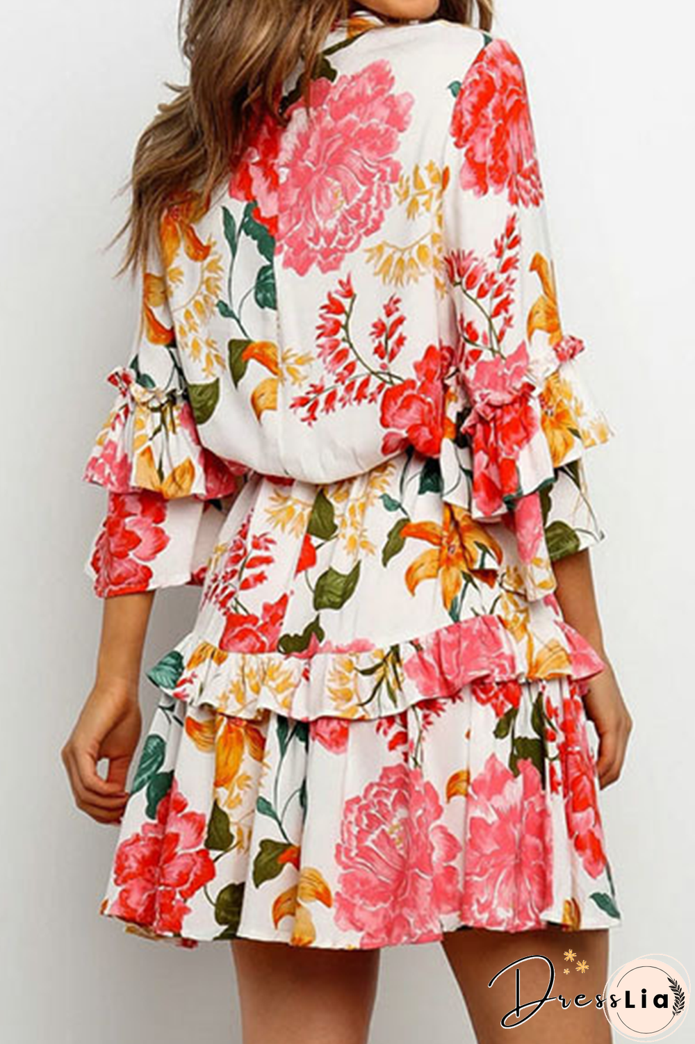 Elegant Floral Flounce Strap Design O Neck Waist Skirt Dresses