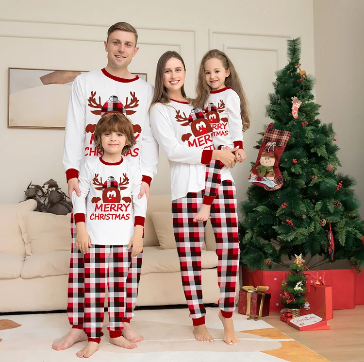 Merry Christmas Red Nose Elk Print Christmas Family Pajamas
