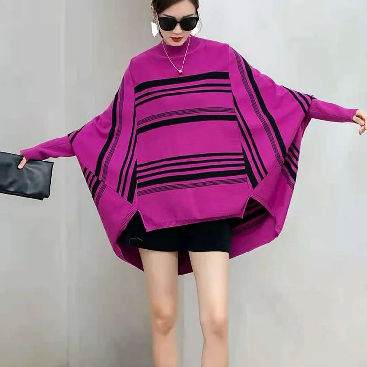 Casual Loose O-neck Striped Irregular Split Hem Batwing Sleeve Knitted Sweater