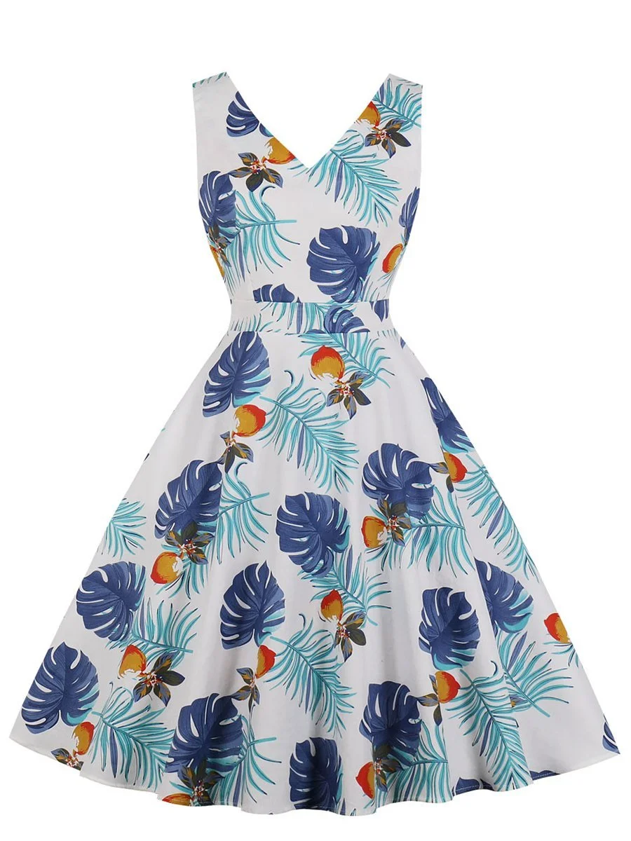 1950s Dress Leaf Print V Neck Aline Dress