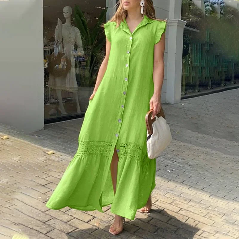 Women Tank Sundress Fashion 2022 Celmia Casual Flare Sleeve Solid Shirt Dresses Summer Single Breast Lapel Cotton Long Maxi Robe