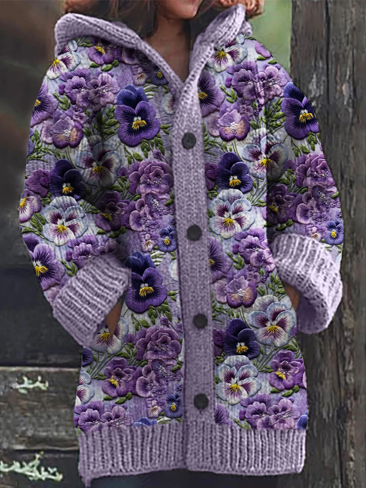Pansy Floral Embroidery Pattern Cozy Hooded Cardigan
