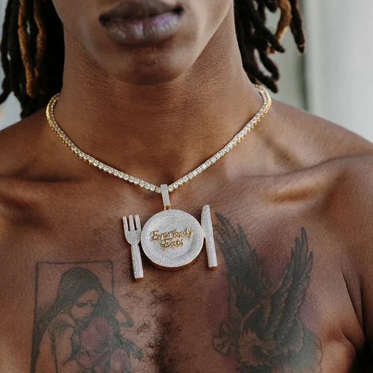 Everybody Eats Knife Fork Plate Shaped Two Town Pendant Iced Out Necklace