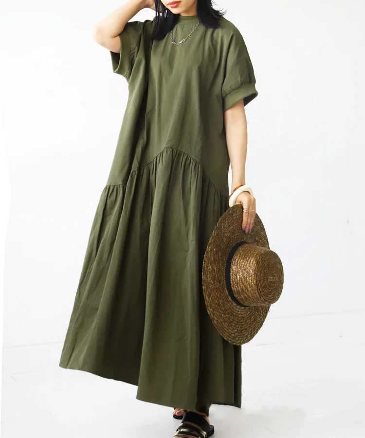 Vintage Asymmetrical Solid Color Short Sleeve Maxi Dress