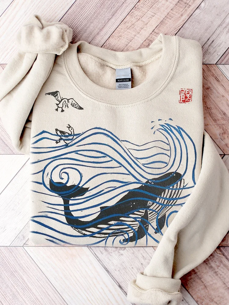 Whale & Seagulls Japanese Lino Art Comfy Sweatshirt