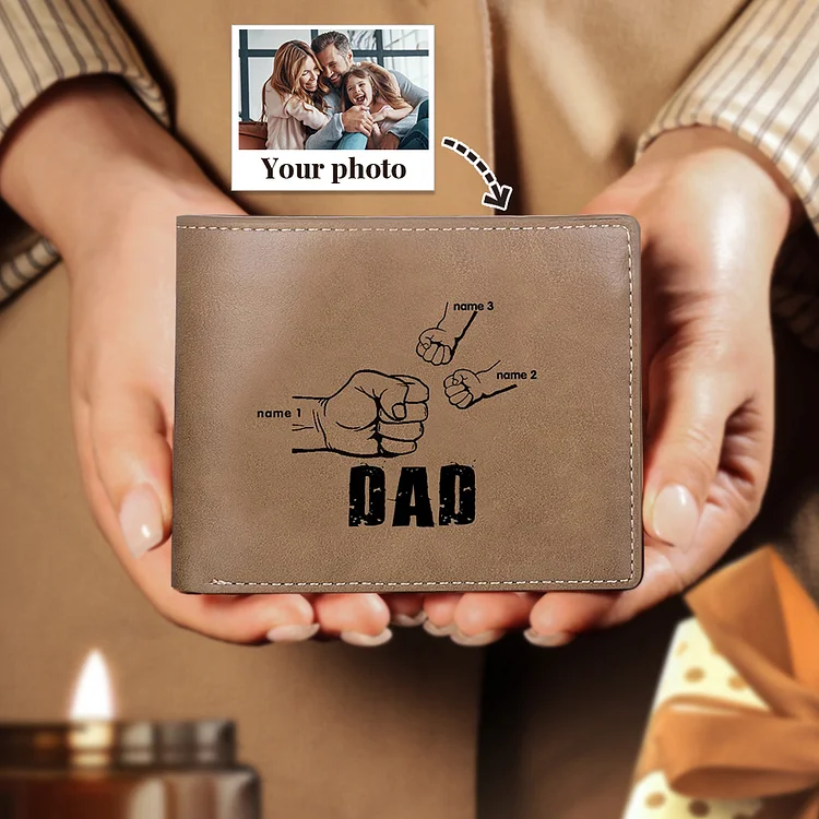 Custom Men Leather Wallet Personalized Fist Bump Folding Wallet with 3 Names Father's Day Gift
