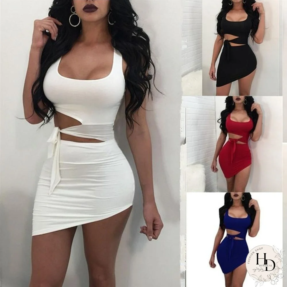 Women Sleeveless Slip Crop tops Hollow Out Bodycon Irregular Mini Dress