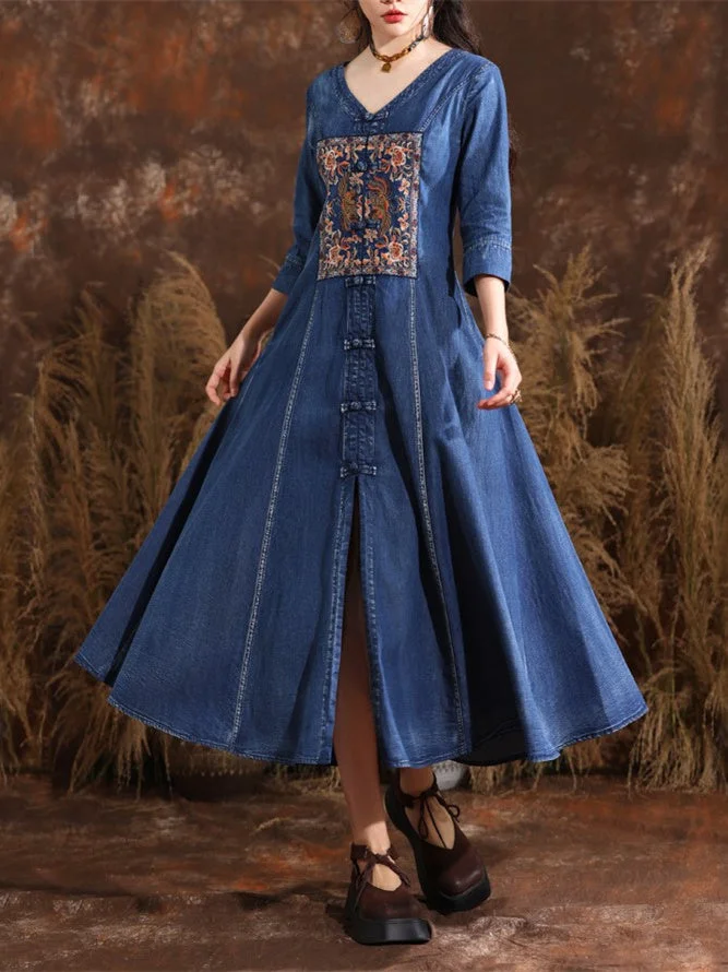 Women's Denim Embroidery Long Sleeve V-Neck Dress