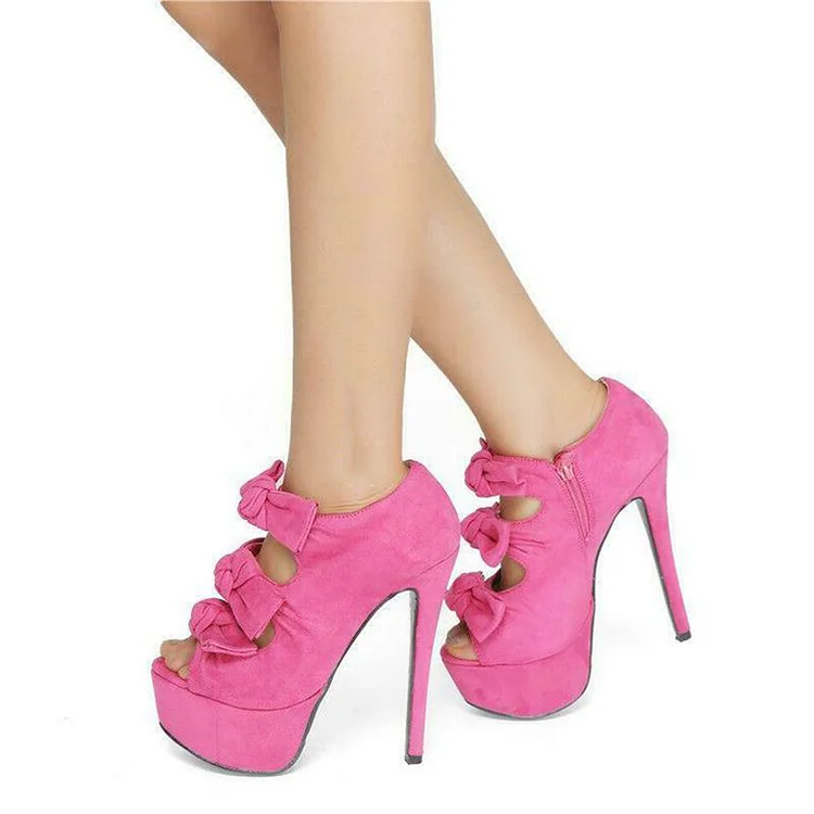 Pink Vegan Suede Peep Toe Booties Bow Platform Heeled Ankle Boots |FSJ Shoes