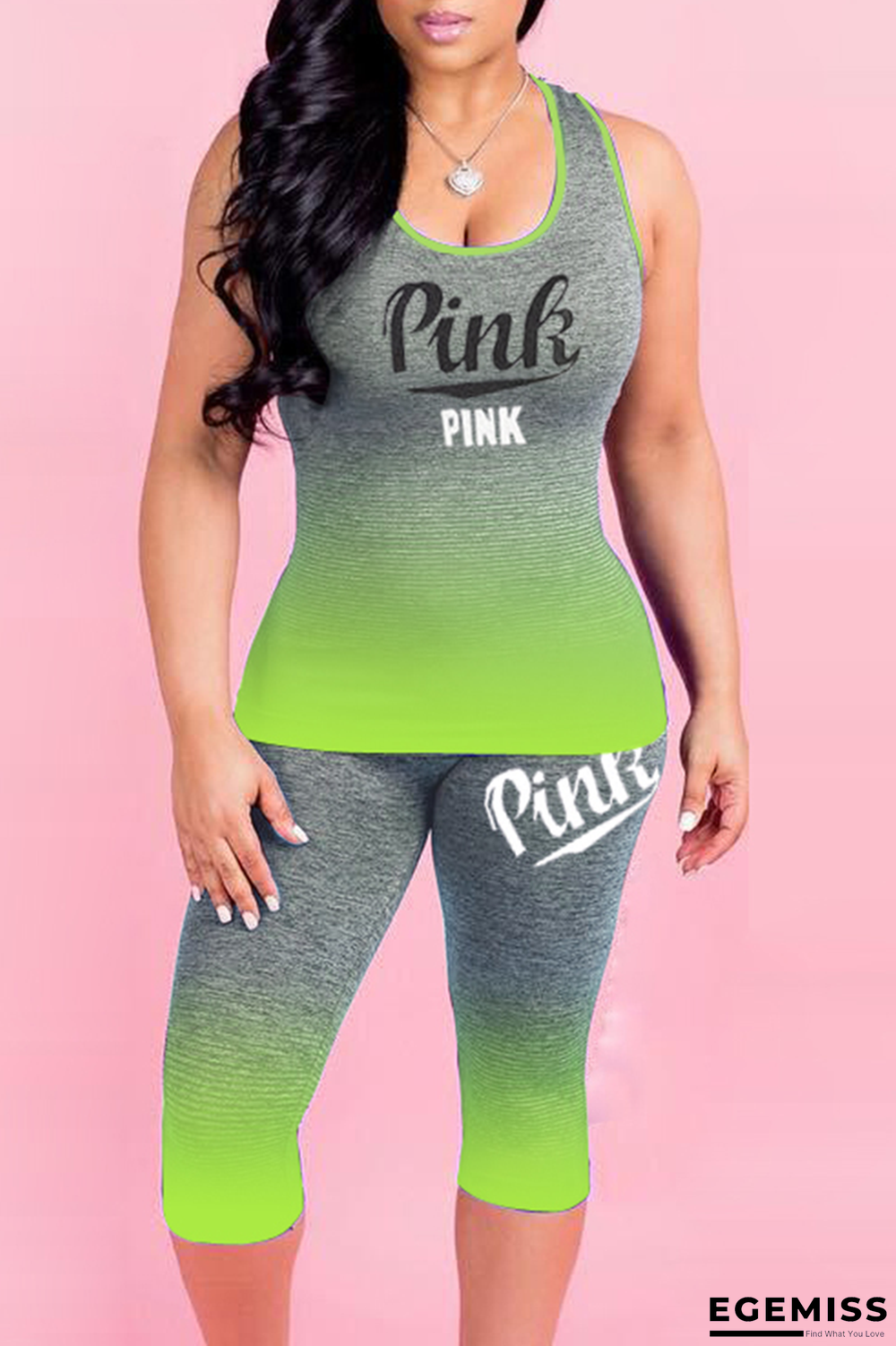 Fluorescent Green Sportswear Gradual Change Patchwork U Neck Sleeveless Two Pieces | EGEMISS