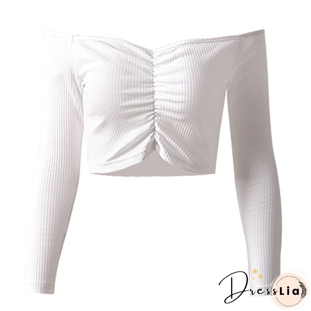 Summer Shirt T-shirt Casual Lady Long Sleeve Wrapped Chest Word Shoulder Fashion Tops