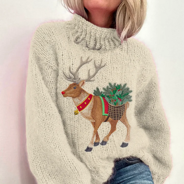 Vintage Christmas Reindeer Knitted Warm Turtleneck Sweater