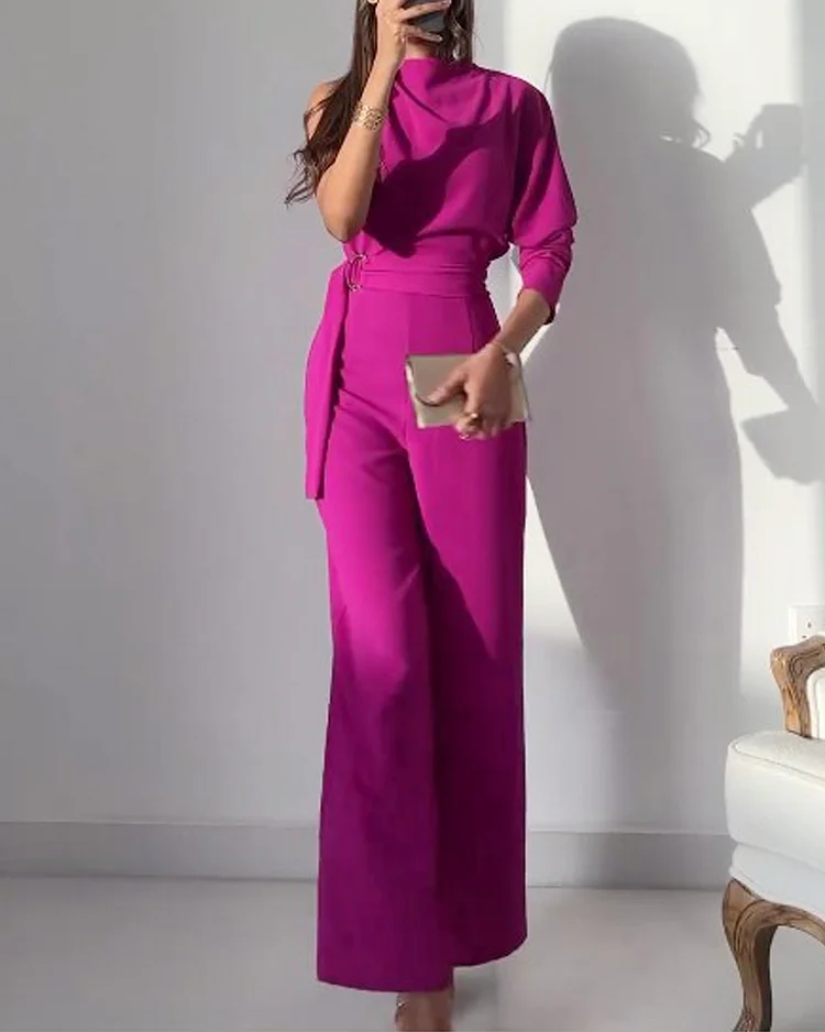 One shoulder solid color waisted jumpsuit