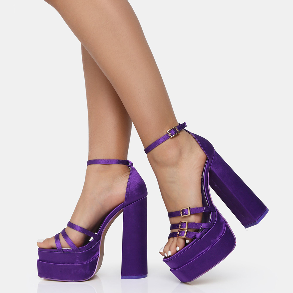 Purple Satin Open Toe Chunky Heel Ankle Strap Sandals with Platform Nicepairs