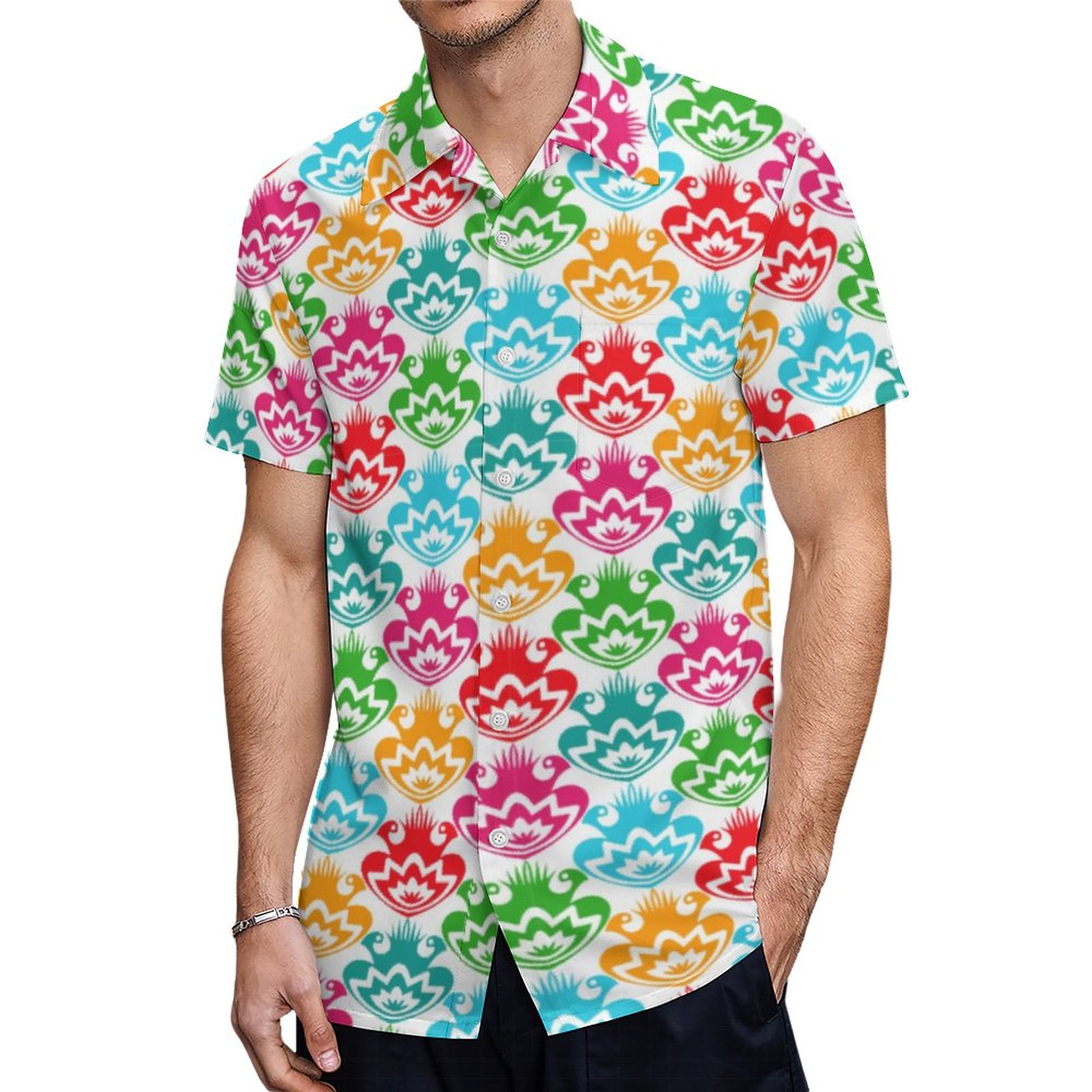 Trendy Retro Colorful Folk Flowers Wallet Hawaiian Shirt Mens Button Down Tropical Hawaii Beach Shirts