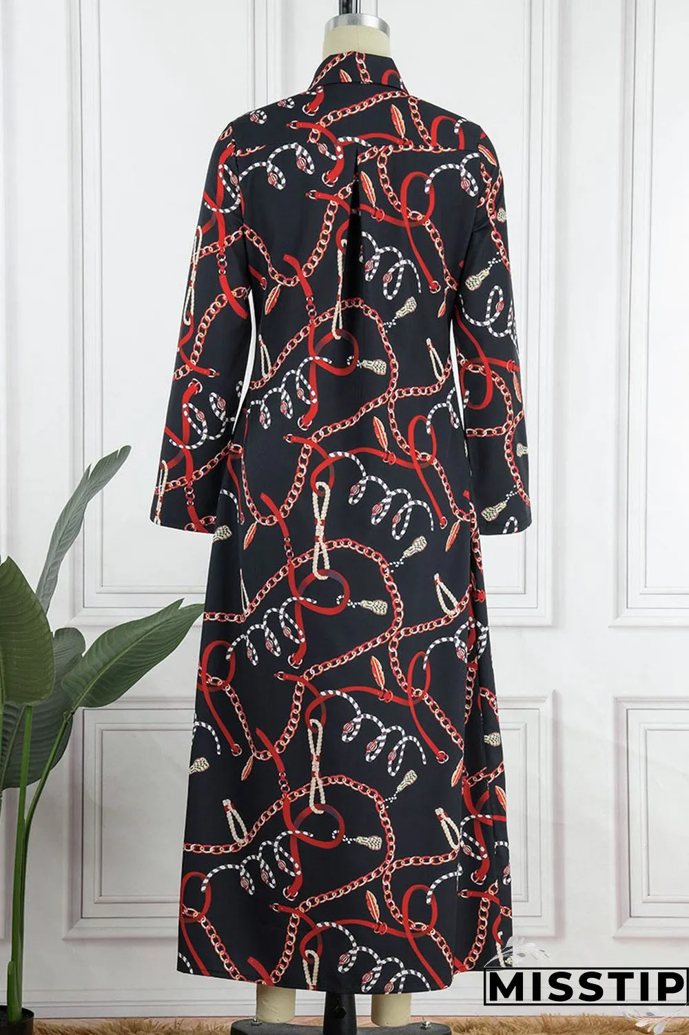 Black Casual Print Patchwork Buckle Without Belt Turndown Collar Straight Dresses