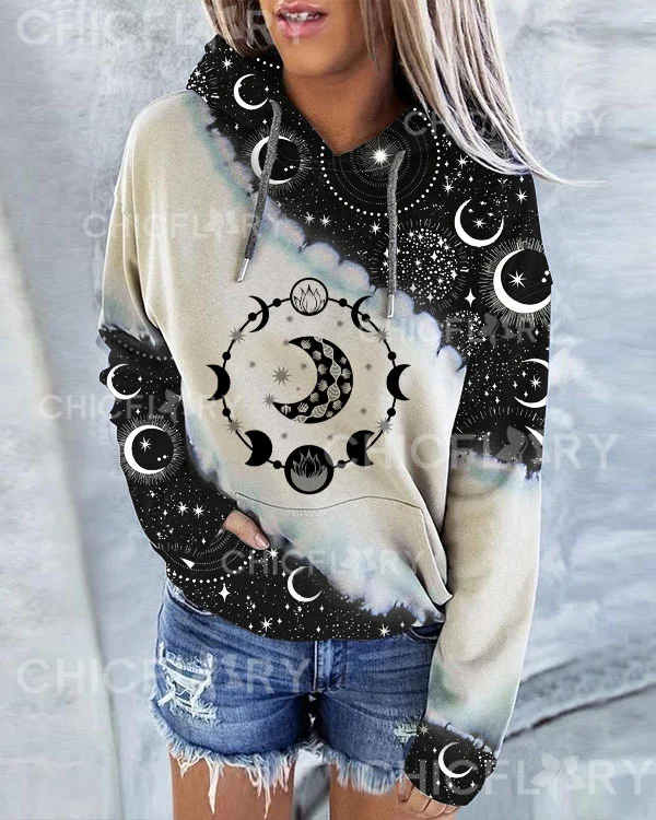 Sun and Moon Print Hoodie Long Sleeve Sweatshirt