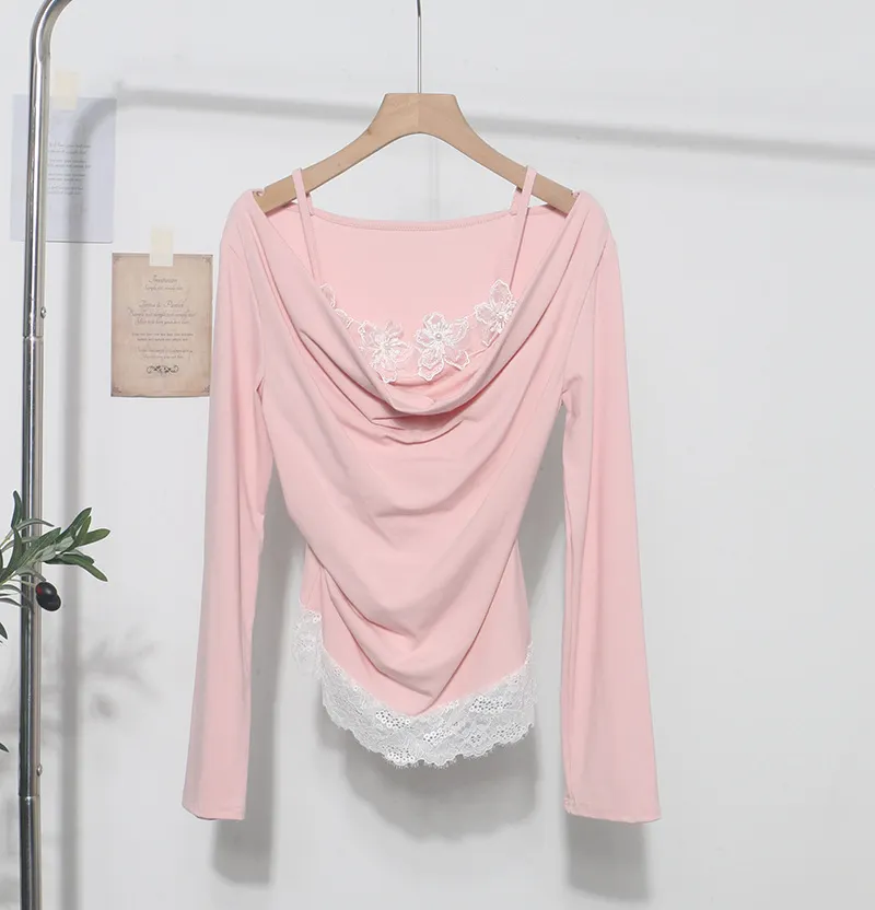 Uveng Spring Fake Two Lace Lace Collar Folded Long Sleeves Slimming Bottom T-Shirt Blouse Woman 2532