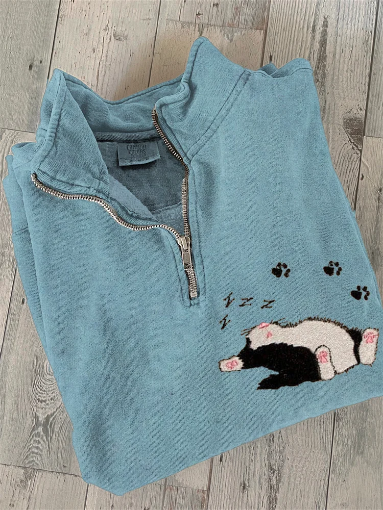 Sleeping Cat Embroidered Text Print Zipper Casual Sweatshirt