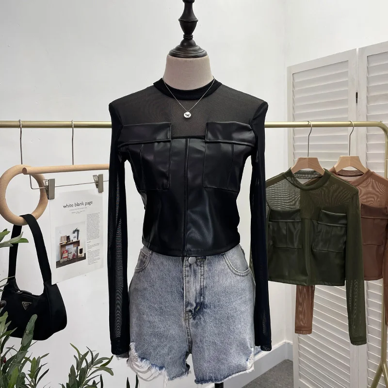 Uveng Sexy Micro-Permeable Mesh Splicing Pu Skin Bottom Shirt Women Autumn And Winter Body Repair Short Long-Sleeved T-Shirt Top 8975