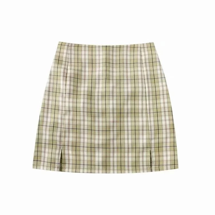 Summer Retro Student Plaid Skirt Female High Waist Slit A- Line Hip-wrapped Anti-exposure Skinny Dresses