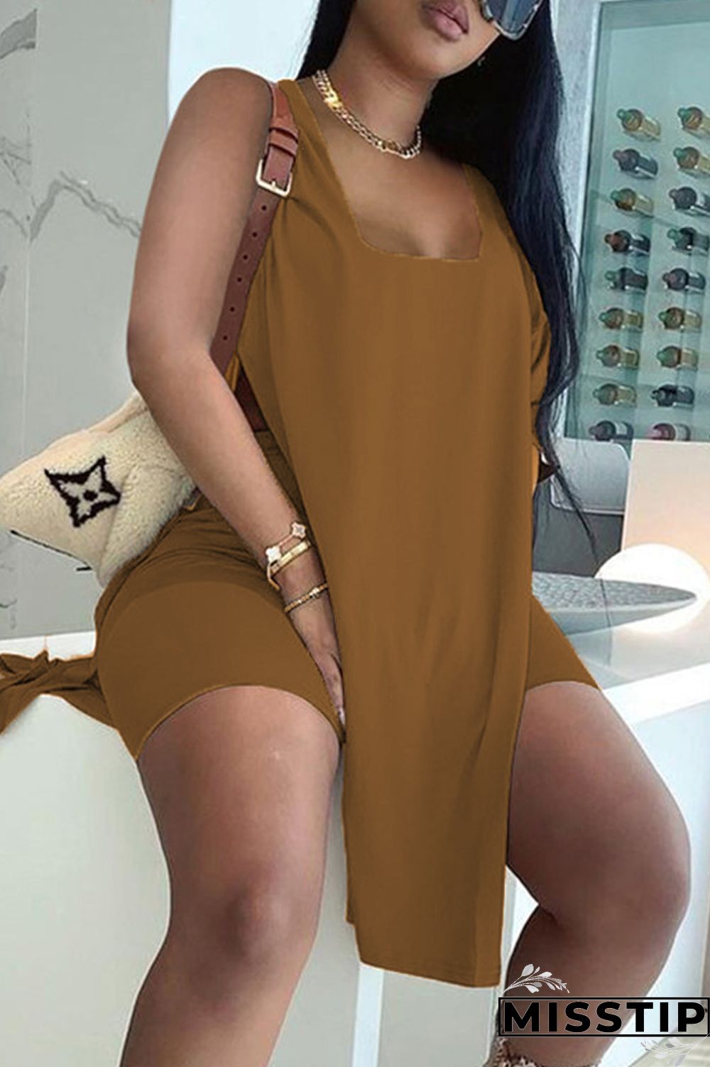 Black Fashion Casual Solid Slit U Neck Sleeveless Two Pieces