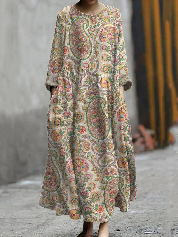 Women's Boho Vintage Floral Art Print Pocket Cotton Dress