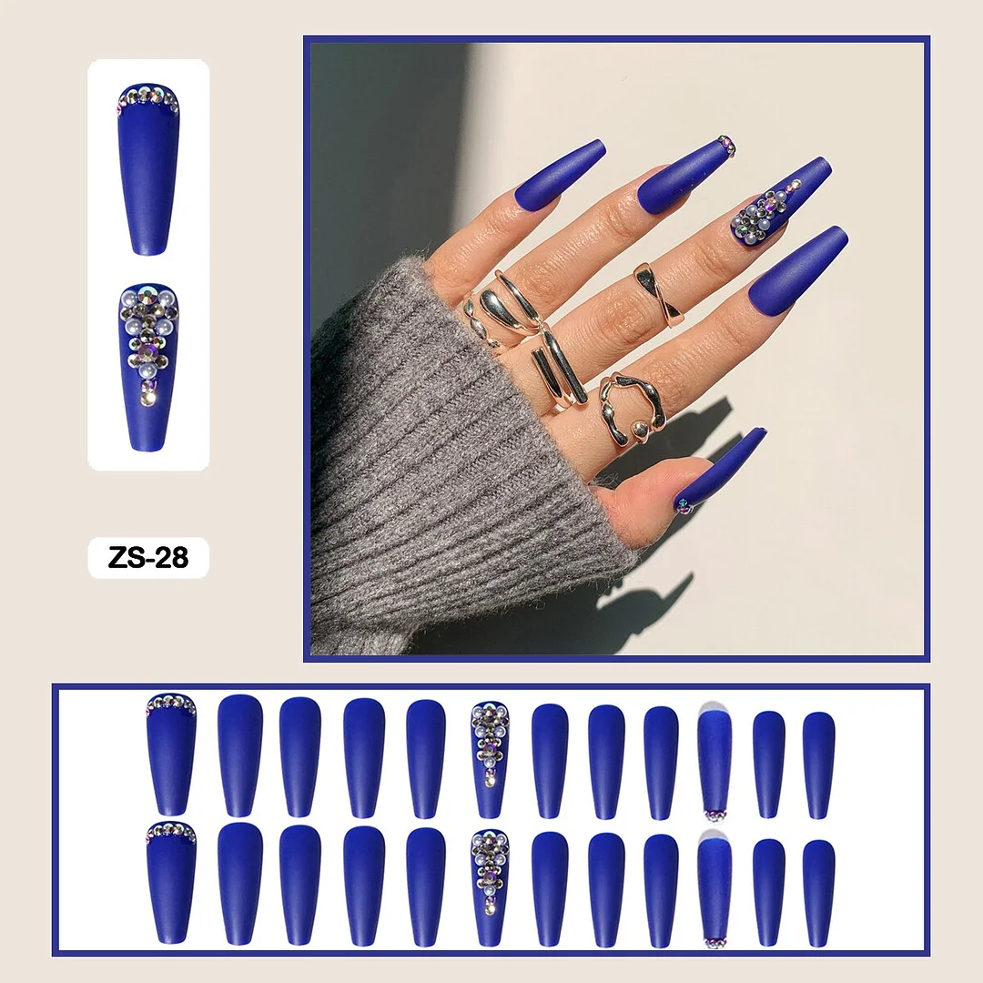 24pcs/box  Long Trapezoid Fake Nails  WIth Jewels Decorated Wearabel False Nails With Glue And Wearing Tools-Nail Inspo