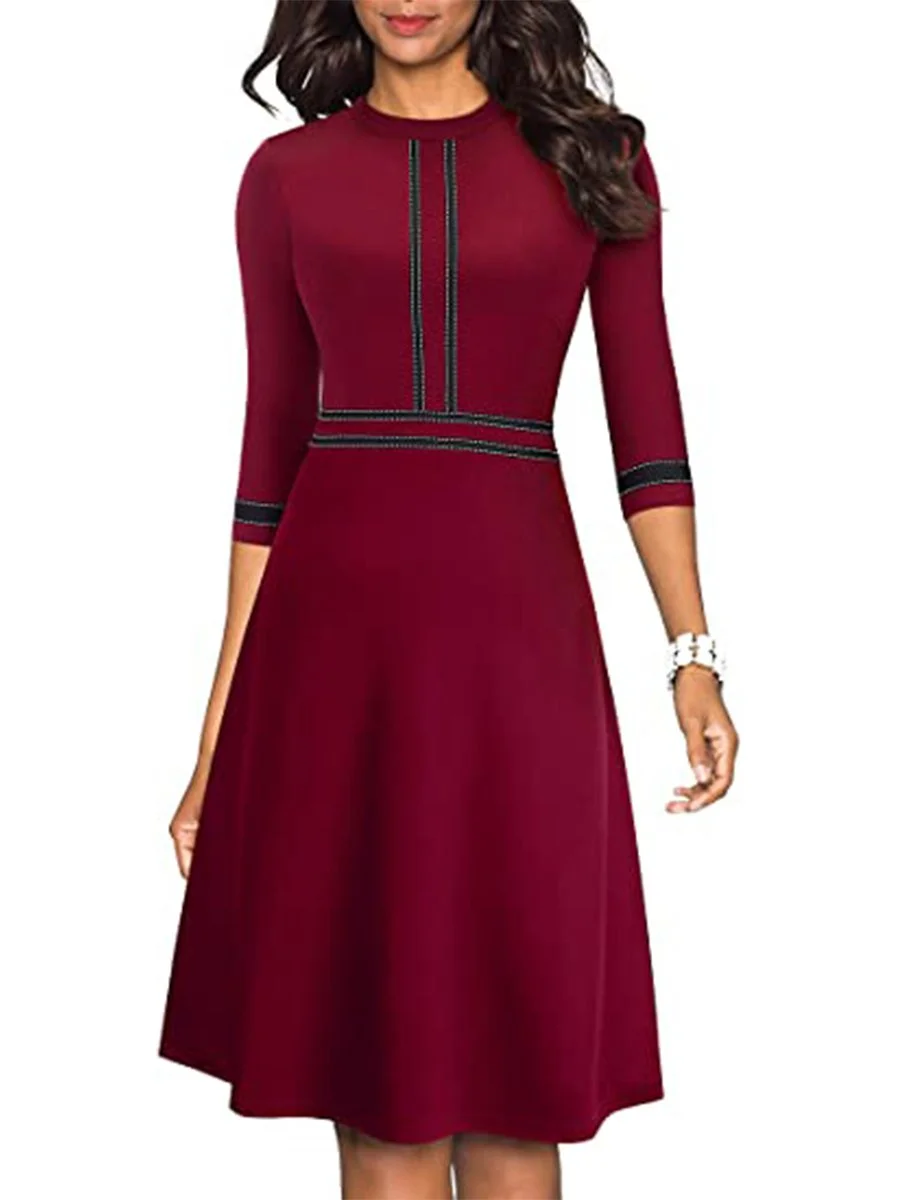 Homecoming Dress 3/4 Sleeve Crew Neck Stripe Midi Swing Dresses