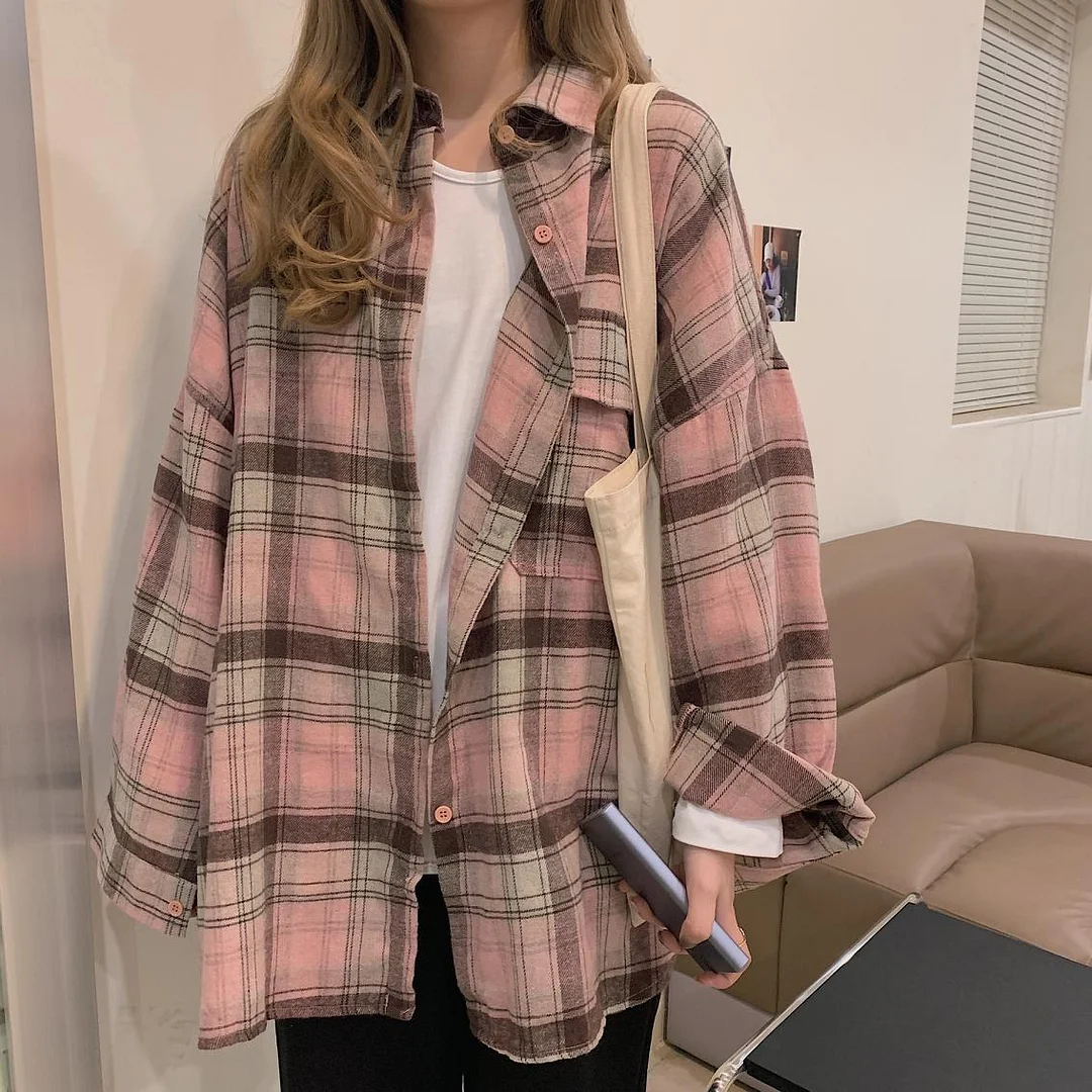 Plaid Shirts Women Top And Blouses Long Sleeve Oversized Cotton Ladies Casual Blusas One Pocket Loose Female Checked Shirt