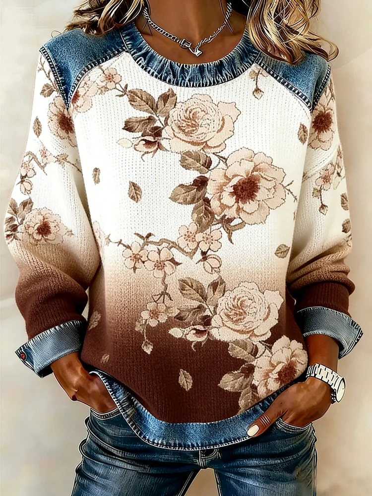 Women's winter retro floral print round neck top 