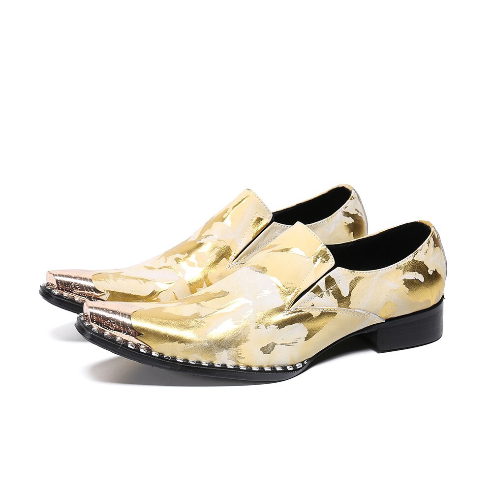 Gold Pattern Men Leather Shoes Metal Toe Slip On Club Men Dress Shoes Formal Oxfords Shoes