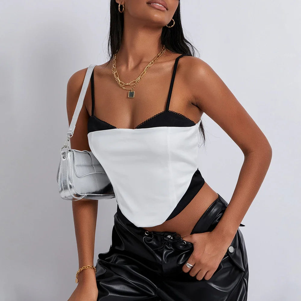 Llyge Women Vintage Retro Patchwork Corset Shapewear Sleeveless Sling Tank Tops Slim Fit Backless Irregular Vests Crop Tops llyge