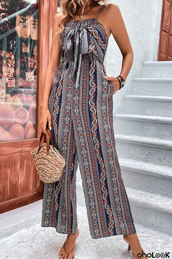 Wrap python-print suspenders wide-leg jumpsuit