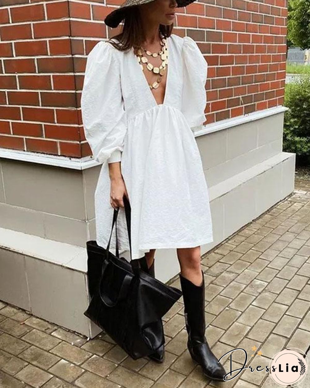 Morden Puff Sleeve Deep V Neck Dress