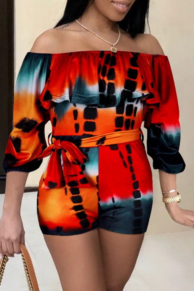 Sexy Casual Print Backless Off the Shoulder Regular Romper