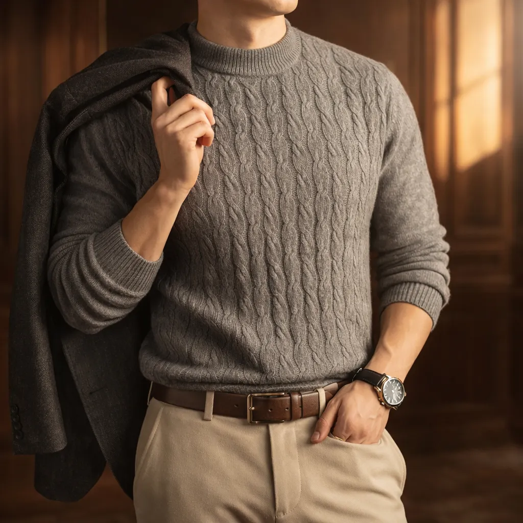 Men's Cable Knit Cotton Jumper &ndash; Textured Crew Neck Sweater &ndash; view 2