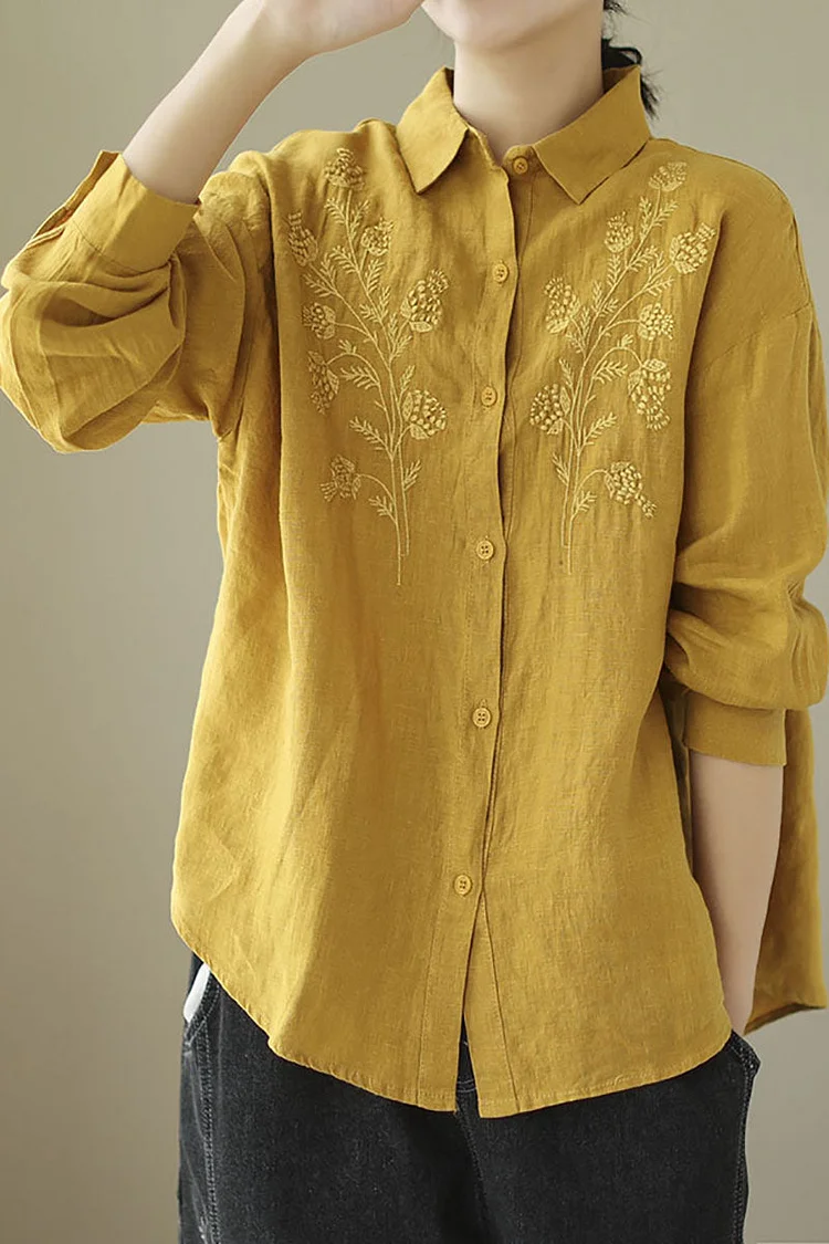 Embroidery Button Down Long Sleeve Linen Shirt