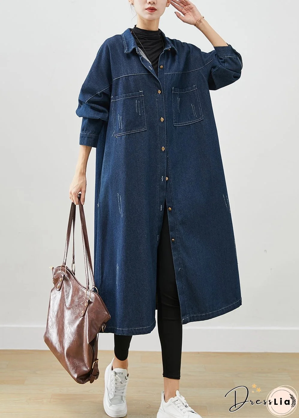 Navy Denim Trench Coats Oversized Pockets Fall