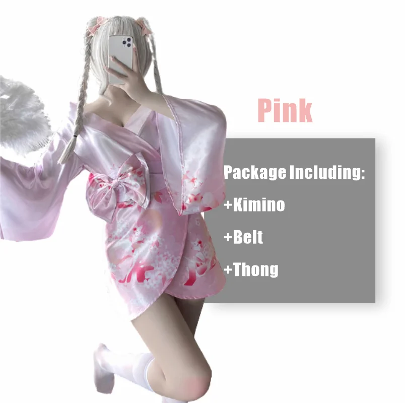 3Pcs Japanese Kimono Women Sexy Cosplay Uniform Soft Silk Bow Belt Purple Pink Traditional Style Costumes Pajamas Perspective