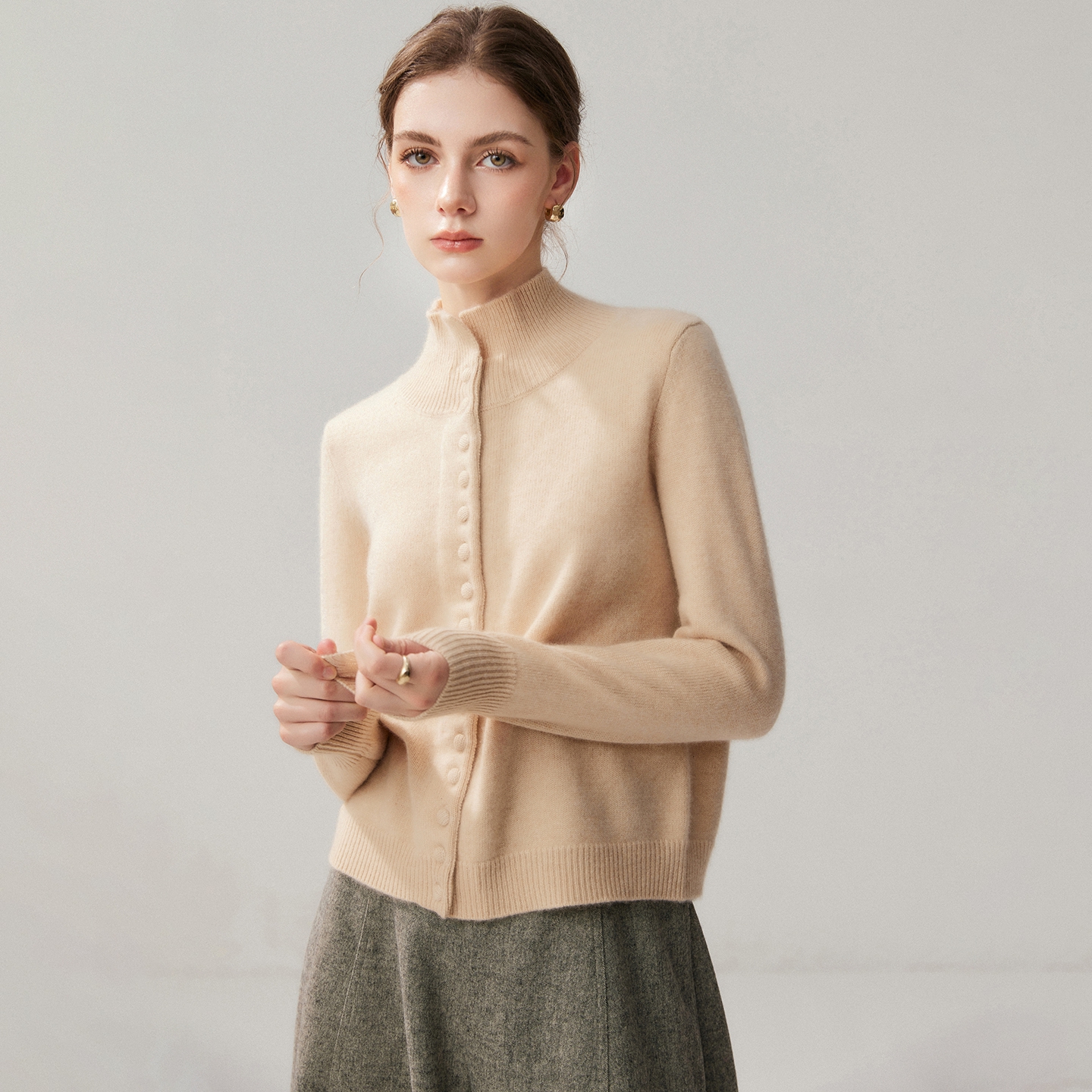 Women's Baby Cashmere Cardigan Regular Fit Covered-Button Mock Neck REAL SILK LIFE