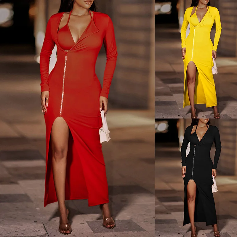 Uveng Uveng Women's Wear Temperament Fashion Pure Color Sexy Slim Slit Long Sleeve Winter Dress