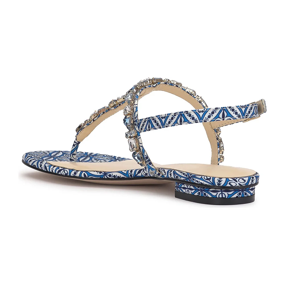 Blue Round Toe Flip Flop Slingback Women's Sandals with Rhinestones