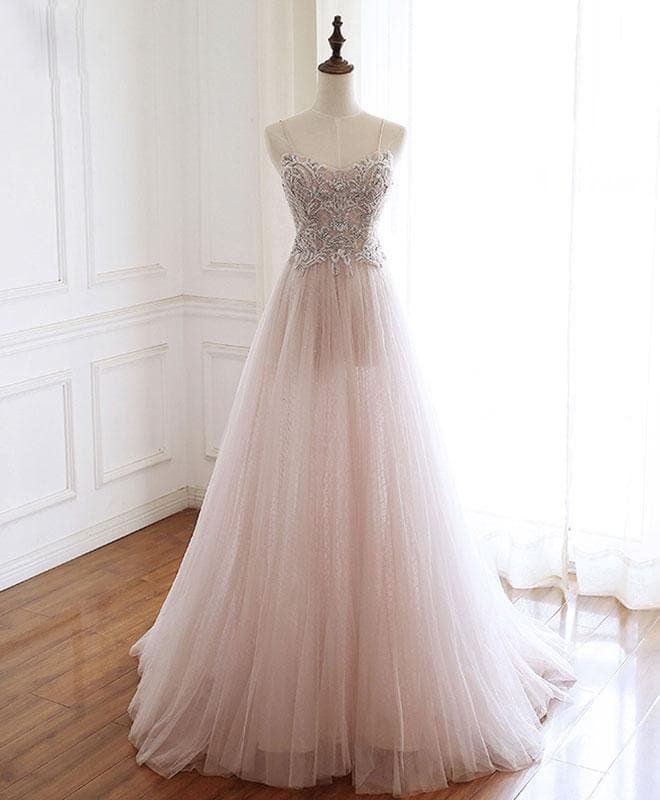 Pink Sweetheart Beads Tulle Long Prom Dress, Pink Evening Dress