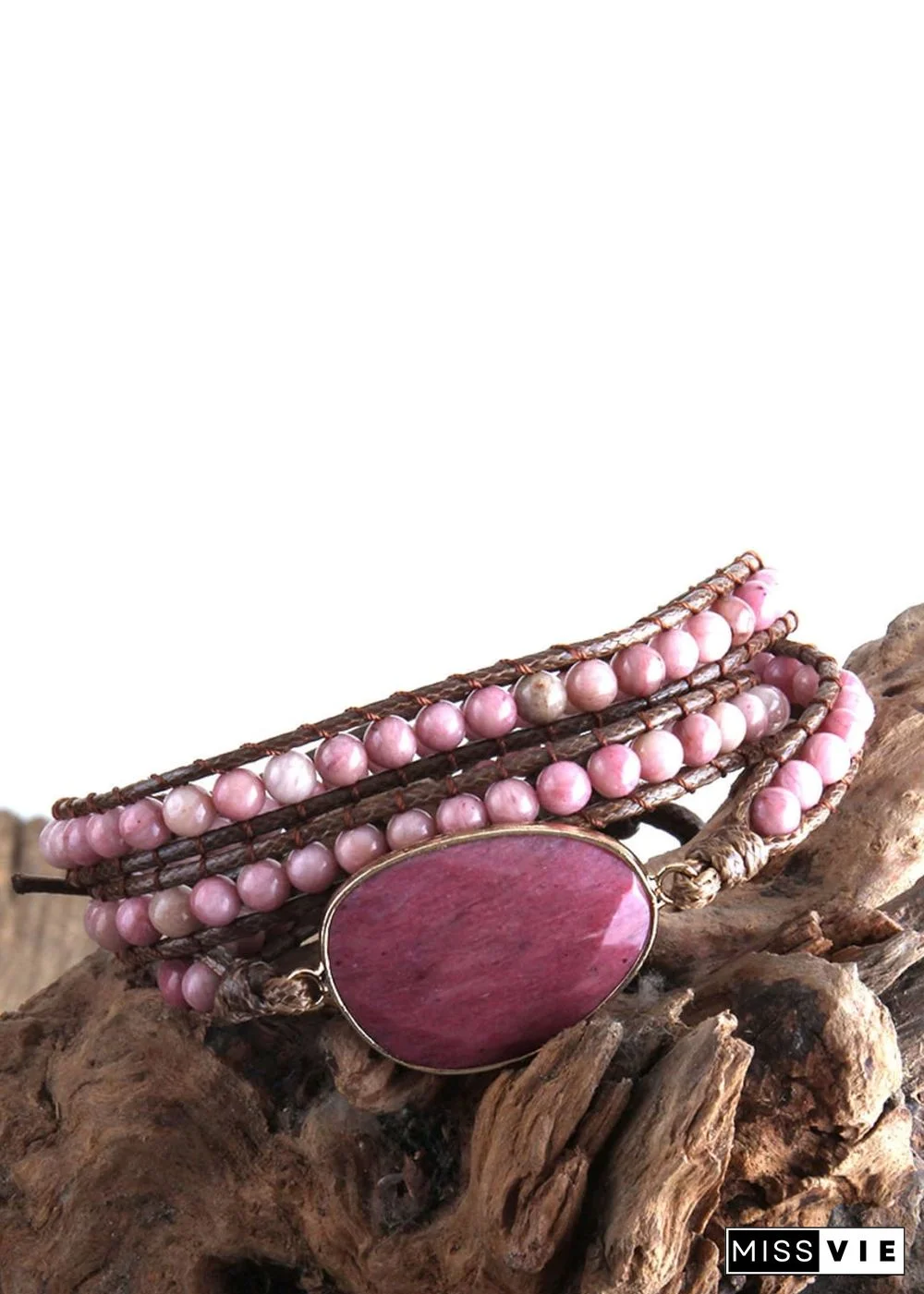 Boho Bracelet, RH 3 Layers Leather Wrap Bracelet, Natural Stones, Blue, Rose, Purple